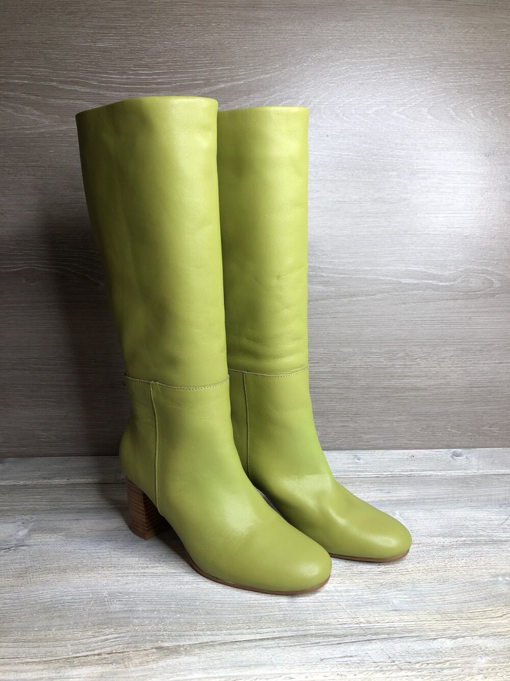 Intentionally Blank Avocado Green Genuine Leather PAM Heeled Boots Size 6